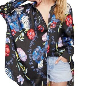 Free People Silky Nights Satin Tunic Top Blouse Shirt High Floral M bv